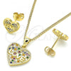 Oro Laminado Earring and Pendant Adult Set, Gold Filled Style Heart and Love Design, with Multicolor Cubic Zirconia, Polished, Golden Finish, 10.342.0019.1