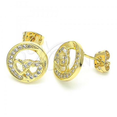 Oro Laminado Stud Earring, Gold Filled Style Heart Design, with White Micro Pave, Polished, Golden Finish, 02.156.0397