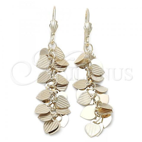 Oro Laminado Long Earring, Gold Filled Style Heart Design, Diamond Cutting Finish, Golden Finish, 5.090.015