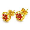 Oro Laminado Stud Earring, Gold Filled Style Flower Design, with Garnet Cubic Zirconia, Polished, Golden Finish, 02.349.0001