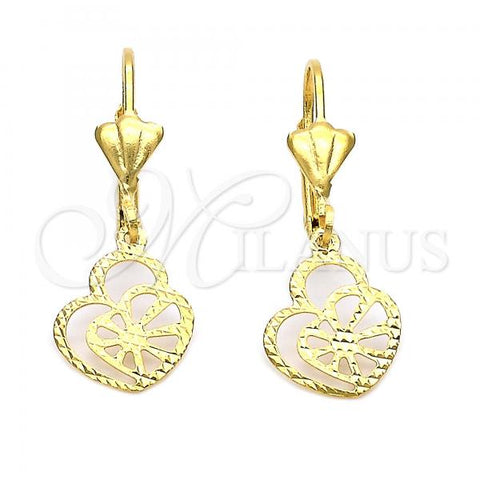 Oro Laminado Dangle Earring, Gold Filled Style Heart Design, Diamond Cutting Finish, Golden Finish, 5.084.016