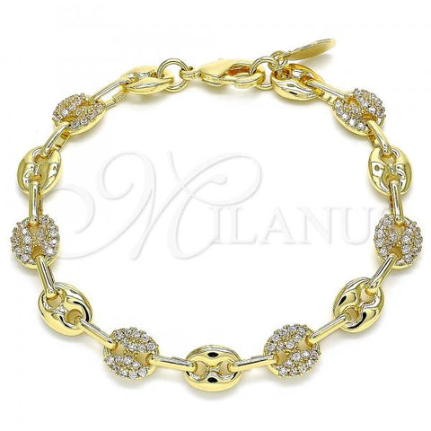 Oro Laminado Fancy Bracelet, Gold Filled Style Puff Mariner Design, with White Micro Pave, Polished, Golden Finish, 04.63.1407.08