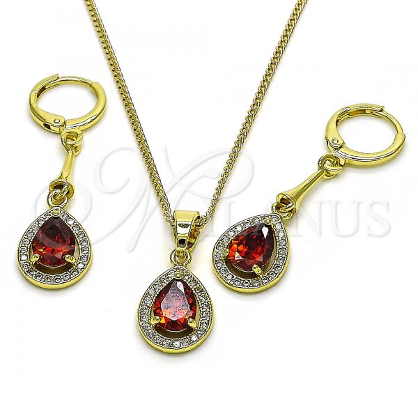 Oro Laminado Earring and Pendant Adult Set, Gold Filled Style Teardrop Design, with Garnet Cubic Zirconia and White Micro Pave, Polished, Golden Finish, 10.387.0006