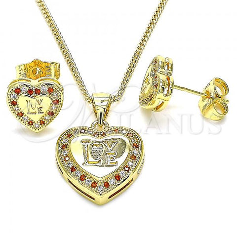 Oro Laminado Earring and Pendant Adult Set, Gold Filled Style Heart and Love Design, with Garnet and White Micro Pave, Polished, Golden Finish, 10.156.0157.2