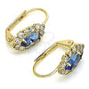 Oro Laminado Leverback Earring, Gold Filled Style Leaf Design, with Sapphire Blue and White Cubic Zirconia, Polished, Golden Finish, 02.122.0082.3