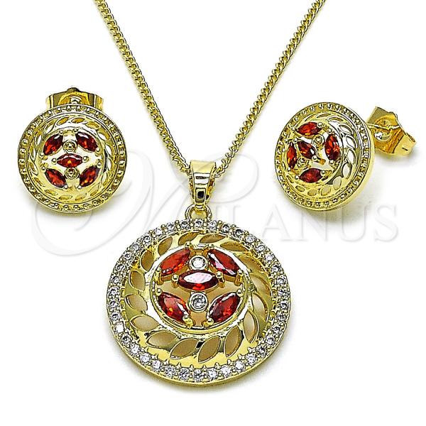 Oro Laminado Earring and Pendant Adult Set, Gold Filled Style Flower Design, with Garnet and White Cubic Zirconia, Polished, Golden Finish, 10.210.0182.1