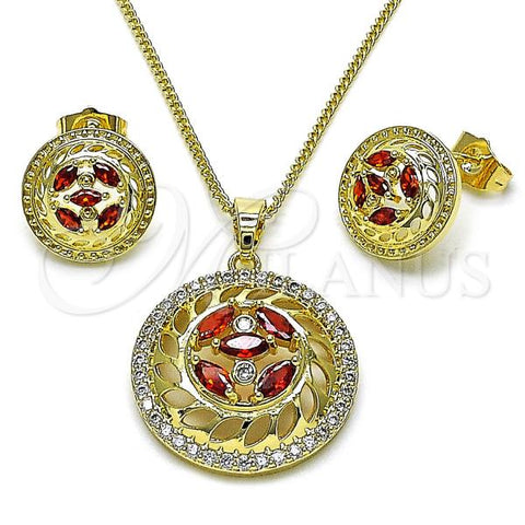 Oro Laminado Earring and Pendant Adult Set, Gold Filled Style Flower Design, with Garnet and White Cubic Zirconia, Polished, Golden Finish, 10.210.0182.1