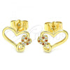 Oro Laminado Stud Earring, Gold Filled Style Heart Design, with Garnet and White Micro Pave, Polished, Golden Finish, 02.156.0518.1