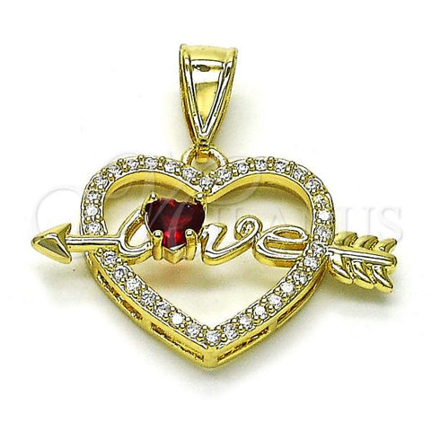 Oro Laminado Fancy Pendant, Gold Filled Style Heart and Arrow Design, with Garnet Cubic Zirconia and White Micro Pave, Polished, Golden Finish, 05.411.0035.1