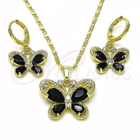 Oro Laminado Earring and Pendant Adult Set, Gold Filled Style Butterfly Design, with Black and White Cubic Zirconia, Polished, Golden Finish, 10.196.0134.3