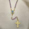 Oro Laminado Thin Rosary, Gold Filled Style Medalla Milagrosa and Cross Design, with Lavender Crystal, Polished, Golden Finish, 09.02.0025.18