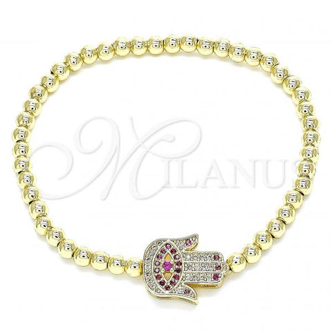 Oro Laminado Fancy Bracelet, Gold Filled Style Expandable Bead and Hand of God Design, with Ruby and White Micro Pave, Polished, Golden Finish, 03.299.0058.07