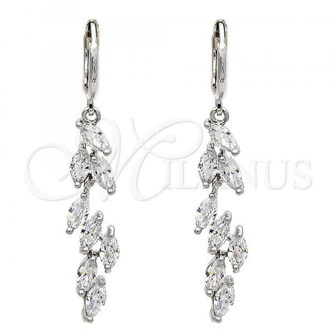 Rhodium Plated Long Earring, Leaf Design, with White Cubic Zirconia, Polished, Rhodium Finish, 02.217.0014.2