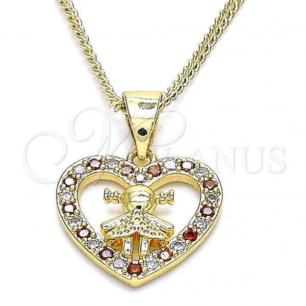 Oro Laminado Pendant Necklace, Gold Filled Style Heart and Little Girl Design, with Garnet and White Micro Pave, Polished, Golden Finish, 04.156.0342.1.20