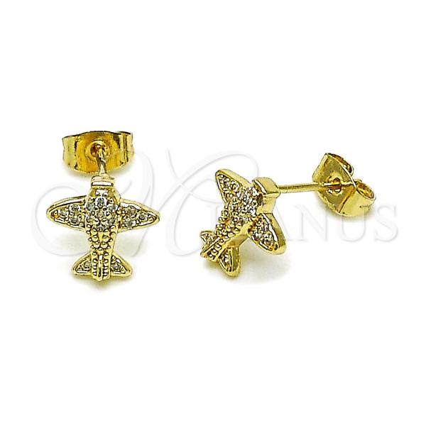 Oro Laminado Stud Earring, Gold Filled Style Airplane Design, with White Micro Pave, Polished, Golden Finish, 02.411.0075