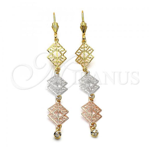 Oro Laminado Long Earring, Gold Filled Style Filigree Design, with White Cubic Zirconia, Diamond Cutting Finish, Tricolor, 5.083.011