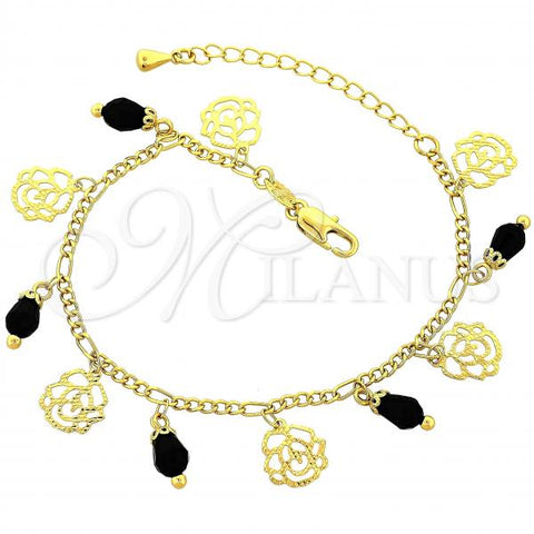 Oro Laminado Charm Bracelet, Gold Filled Style Flower Design, with Black Crystal, Diamond Cutting Finish, Golden Finish, 03.63.0179.08