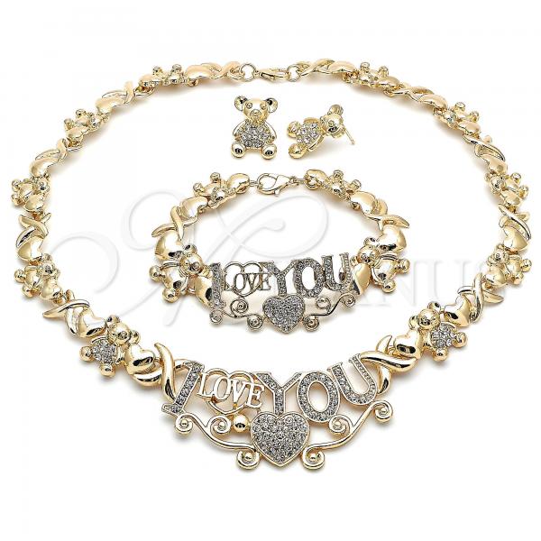 Oro Laminado Necklace, Bracelet and Earring, Gold Filled Style Hugs and Kisses and Teddy Bear Design, with White Crystal, Polished, Golden Finish, 06.372.0036