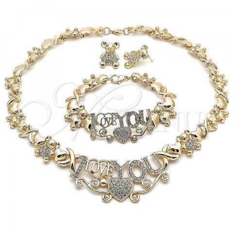 Oro Laminado Necklace, Bracelet and Earring, Gold Filled Style Hugs and Kisses and Teddy Bear Design, with White Crystal, Polished, Golden Finish, 06.372.0036