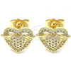 Oro Laminado Stud Earring, Gold Filled Style Heart Design, with White Micro Pave, Polished, Golden Finish, 02.156.0487