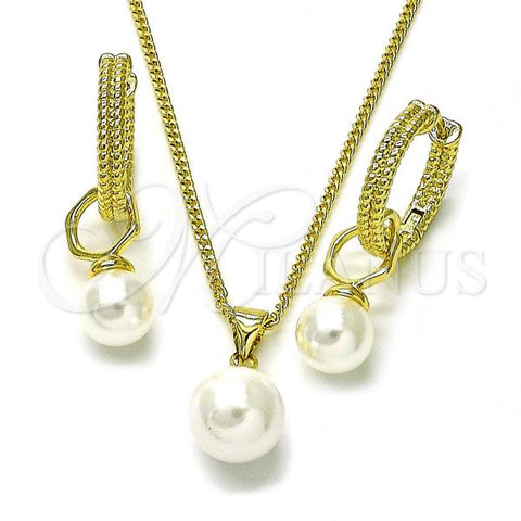 Oro Laminado Earring and Pendant Adult Set, Gold Filled Style Ball and Twist Design, with Ivory Mother of Pearl, Diamond Cutting Finish, Golden Finish, 10.213.0024