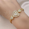 Oro Laminado Fancy Bracelet, Gold Filled Style Heart and Baguette Design, with White Micro Pave and White Cubic Zirconia, Polished, Golden Finish, 03.283.0202.07