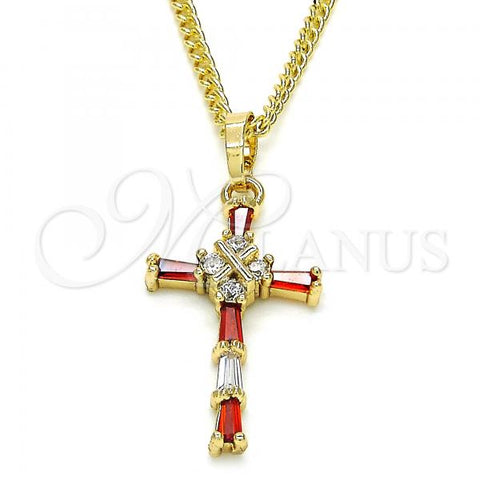 Oro Laminado Pendant Necklace, Gold Filled Style Cross Design, with Garnet and White Cubic Zirconia, Polished, Golden Finish, 04.284.0008.1.22