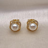 Oro Laminado Stud Earring, Gold Filled Style Ball Design, with White Cubic Zirconia and Ivory Pearl, Polished, Golden Finish, 02.156.0351