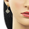 Oro Laminado Dangle Earring, Gold Filled Style Four-leaf Clover Design, Diamond Cutting Finish, Golden Finish, 02.213.0750