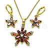 Oro Laminado Earring and Pendant Adult Set, Gold Filled Style Flower and Star Design, with Garnet and White Cubic Zirconia, Polished, Golden Finish, 10.316.0064.1