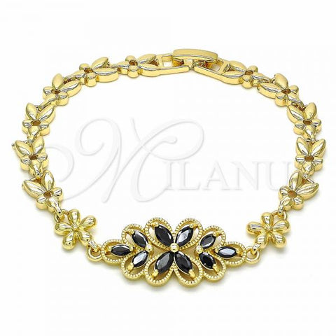 Oro Laminado Fancy Bracelet, Gold Filled Style Flower Design, with Black Cubic Zirconia, Polished, Golden Finish, 03.357.0016.3.07