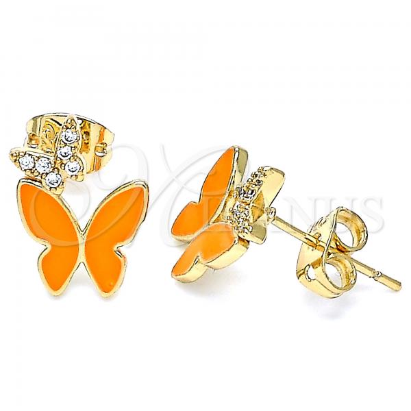 Oro Laminado Stud Earring, Gold Filled Style Butterfly Design, with White Micro Pave, Orange Enamel Finish, Golden Finish, 02.213.0178.2