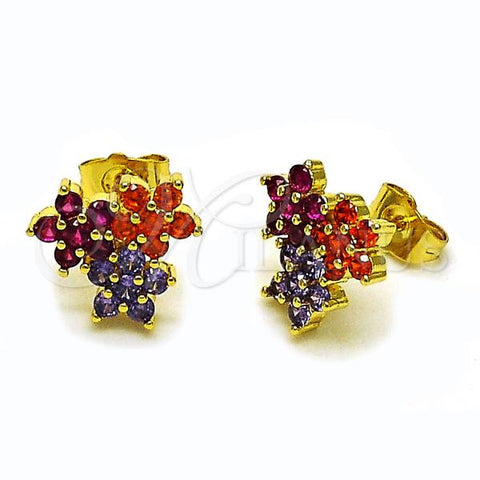 Oro Laminado Stud Earring, Gold Filled Style Flower Design, with Garnet and Ruby Cubic Zirconia, Polished, Golden Finish, 02.156.0721