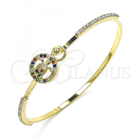 Oro Laminado Individual Bangle, Gold Filled Style Turtle Design, with Multicolor Micro Pave, Polished, Golden Finish, 07.193.0032.1.04