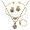 Oro Laminado Earring and Pendant Children Set, Gold Filled Style Heart Design, with Multicolor Micro Pave, Polished, Golden Finish, 06.210.0022.1