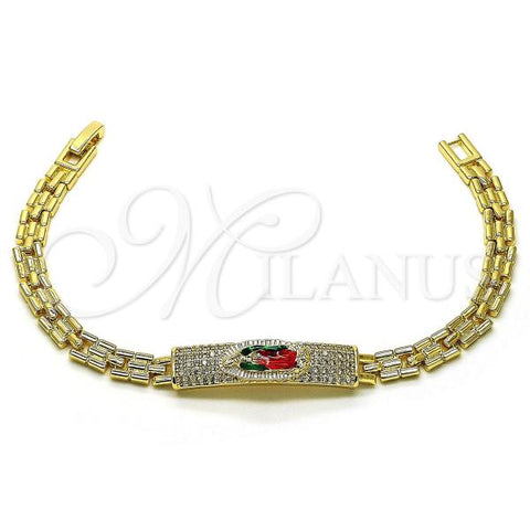 Oro Laminado Fancy Bracelet, Gold Filled Style Guadalupe and Nameplate Design, with White Cubic Zirconia, Polished, Tricolor, 03.411.0049.08