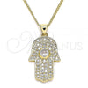 Oro Laminado Pendant Necklace, Gold Filled Style Hand of God Design, with White Cubic Zirconia and White Micro Pave, Polished, Golden Finish, 04.156.0211.20