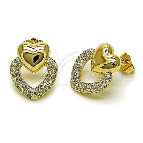 Oro Laminado Stud Earring, Gold Filled Style Heart Design, with White Micro Pave, Polished, Golden Finish, 02.283.0231