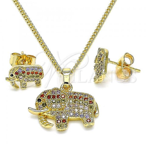 Oro Laminado Earring and Pendant Adult Set, Gold Filled Style Elephant Design, with Multicolor Micro Pave, Polished, Golden Finish, 10.284.0022.1