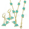 Oro Laminado Earring and Pendant Children Set, Gold Filled Style Elephant Design, with White Crystal, Turquoise Enamel Finish, Golden Finish, 06.60.0006