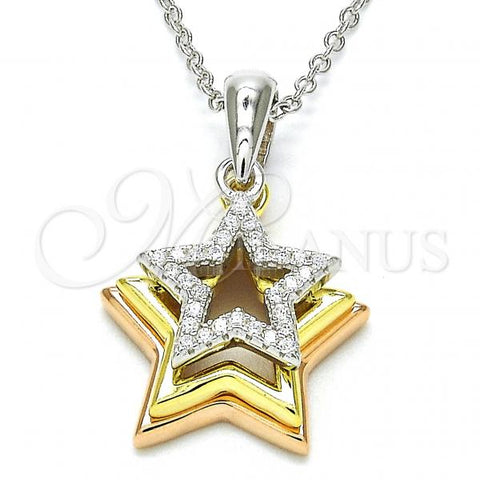 Sterling Silver Pendant Necklace, Star Design, with White Cubic Zirconia, Polished, Tricolor, 04.336.0109.16