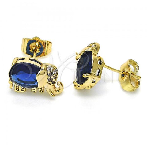 Oro Laminado Stud Earring, Gold Filled Style Elephant Design, with Sapphire Blue Cubic Zirconia and White Micro Pave, Polished, Golden Finish, 02.210.0159.2