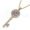 Oro Laminado Pendant Necklace, Gold Filled Style key and Flower Design, with White Micro Pave, Multicolor Enamel Finish, Golden Finish, 04.213.0191.20