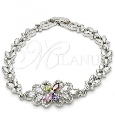 Rhodium Plated Fancy Bracelet, Flower and Leaf Design, with Multicolor Cubic Zirconia, Polished, Rhodium Finish, 03.357.0003.07