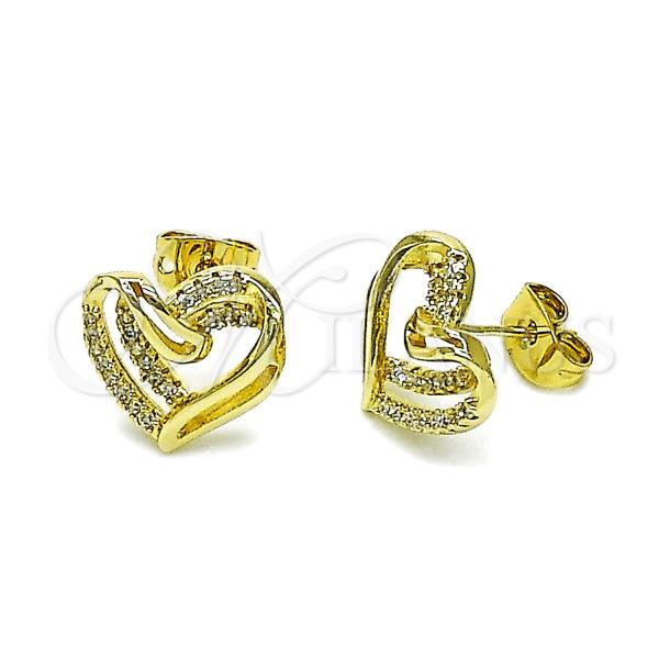 Oro Laminado Stud Earring, Gold Filled Style Heart Design, with White Micro Pave, Polished, Golden Finish, 02.213.0787