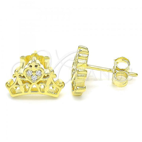 Sterling Silver Stud Earring, Crown and Heart Design, with White Cubic Zirconia, Polished, Golden Finish, 02.336.0178.2