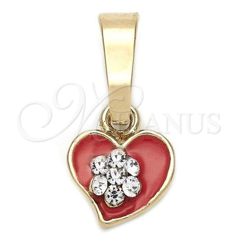 Oro Laminado Fancy Pendant, Gold Filled Style Heart and Flower Design, with White Crystal, Orange Enamel Finish, Golden Finish, 05.163.0081.4