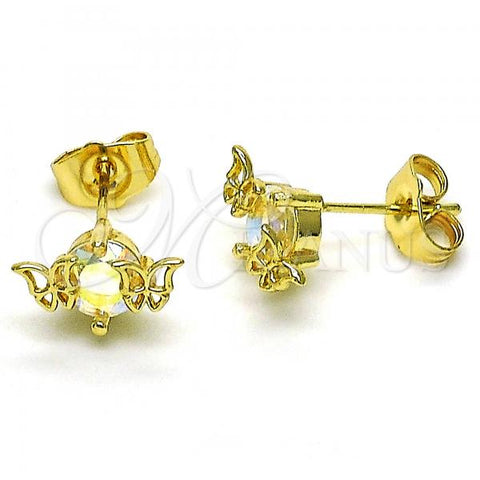 Oro Laminado Stud Earring, Gold Filled Style Butterfly Design, with Aurore Boreale Cubic Zirconia, Polished, Golden Finish, 02.210.0774