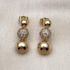 Oro Laminado Stud Earring, Gold Filled Style Ball Design, with White Micro Pave, Polished, Golden Finish, 02.283.0217