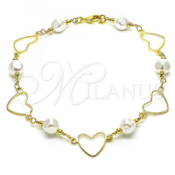Oro Laminado Fancy Anklet, Gold Filled Style Heart and Ball Design, with Ivory Pearl, Polished, Golden Finish, 03.386.0023.10